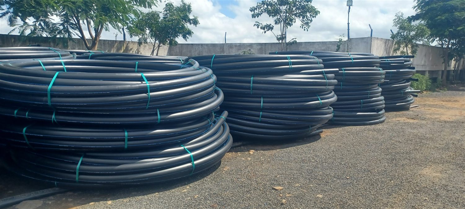 HDPE pipe coils on the coiling line